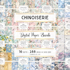 Chinoiserie Digital Paper Bundle, Chinoiserie Seamless Collection Set, Asian Wallpaper Pattern Download, Commercial + Personal Use