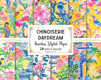 Chinoiserie Digital Paper, Bold Chinoiserie Seamless Pattern, Asian Wallpaper Pattern, Digital Download, Commercial + Personal Use