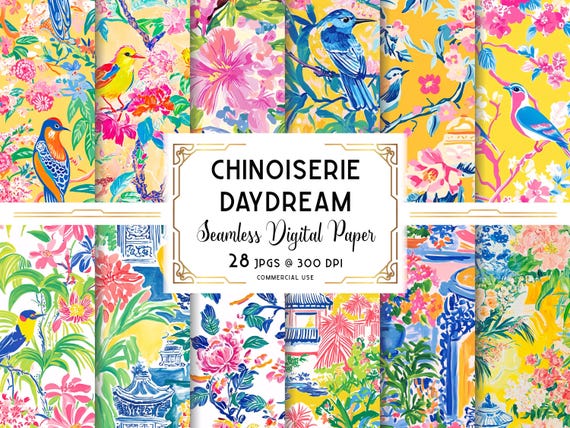 Chinoiserie Digital Paper, Bold Chinoiserie Seamless Pattern, Asian Wallpaper Pattern, Digital Download, Commercial + Personal Use