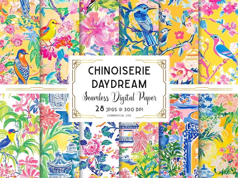 May include: A collection of seamless digital papers with a Chinoiserie Daydream theme. The designs feature colorful birds, flowers, and architectural elements on a yellow background. The image includes the text "CHINOISERIE DAYDREAM Seamless Digital Paper 28 JPGs @ 300 DPI COMMERCIAL USE."