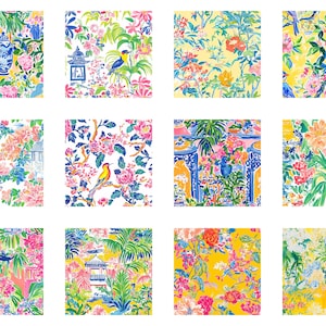 May include: A collection of twelve square watercolor prints featuring vibrant floral and botanical patterns. Each design showcases a unique combination of flowers, birds, pagodas, and foliage in a variety of colors, including pink, yellow, blue, and green.