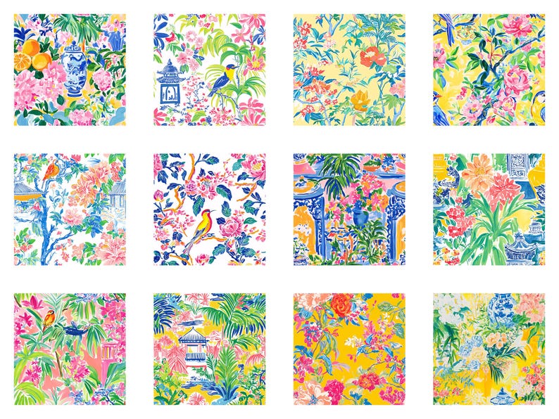 May include: A collection of twelve square watercolor prints featuring vibrant floral and botanical patterns. Each design showcases a unique combination of flowers, birds, pagodas, and foliage in a variety of colors, including pink, yellow, blue, and green.