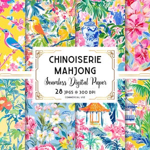 May include: A collection of seamless digital papers with a Chinoiserie Mahjong theme. The papers feature vibrant floral and bird designs in shades of yellow, pink, blue, and green. The image includes the text "CHINOISERIE MAHJONG Seamless Digital Paper 28 JPGs @ 300 DPI COMMERCIAL USE."