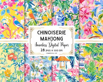 Chinoiserie Mahjong Patterns for Game Mats & Card Covers, Vibrant Asian Digital Paper for NMJL Card Protector, 28 Seamless Tiles