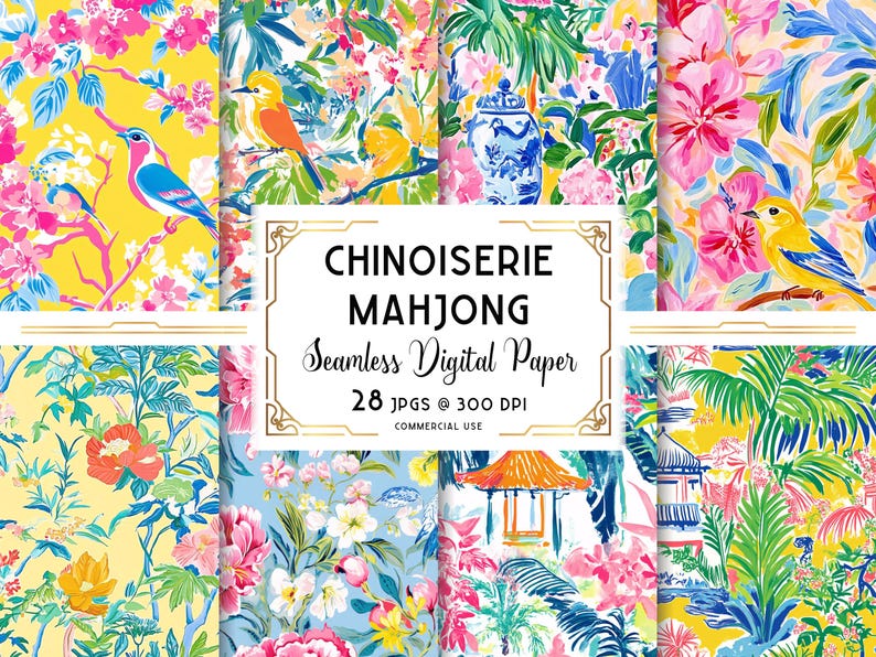 May include: A collection of seamless digital papers with a Chinoiserie Mahjong theme. The papers feature vibrant floral and bird designs in shades of yellow, pink, blue, and green. The image includes the text "CHINOISERIE MAHJONG Seamless Digital Paper 28 JPGs @ 300 DPI COMMERCIAL USE."