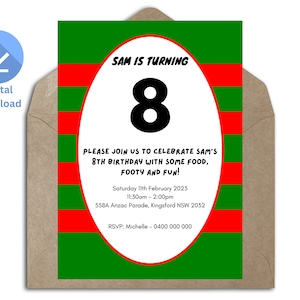 Convite de aniversário com tema South Sydney Rabbitohs NRL (download digital)