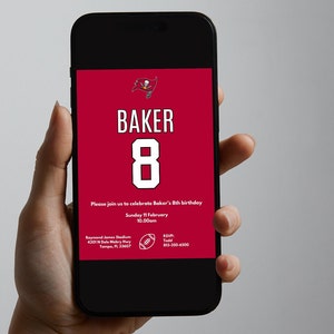 May include: A digital invitation for an 8th birthday party. The invitation features a red background with a white number 8 and the name "Baker" in white text. The invitation also includes the Tampa Bay Buccaneers logo and details about the party, including the date, time, location, and RSVP information.