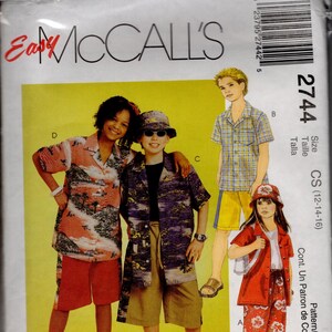 May include: A McCall's 2744 sewing pattern envelope featuring illustrations of four outfits: a pink tropical print shirt with red shorts, a purple landscape print shirt with tan shorts, a yellow plaid shirt with yellow shorts, and a red floral vest with pants.