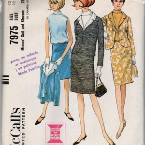 May include: Vintage McCall's printed pattern for Misses' Suit and Blouson, size 12, bust 32. The illustration shows three women in stylish 1960s outfits. The pattern includes text and a pink logo. The pattern is for Mode Fabrics.