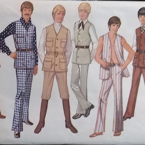 May include: Vintage Simplicity sewing pattern featuring six illustrated figures in 1970s men's fashion. Outfits include vests, patterned suits, and collared shirts. The color palette includes brown, white, blue, and tan.