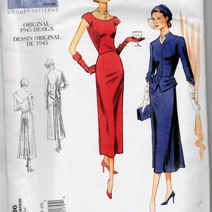 May include: Vintage Vogue Patterns sewing pattern. The cover features illustrations of a red dress and a blue suit. The red dress has short sleeves and a bow at the waist. The blue suit has a fitted jacket and a pencil skirt. The pattern is for a 1945 design.