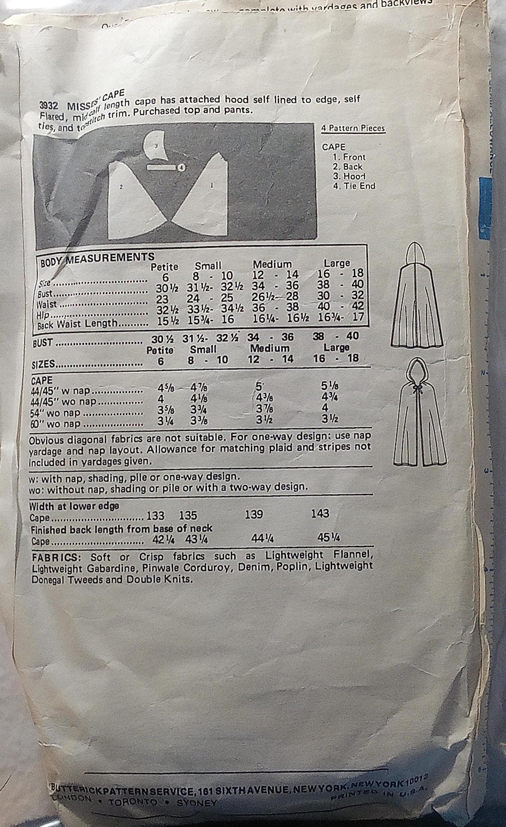 3932 Butterick Hooded Cape Pattern Vintage 1970s Size Small CUT ...