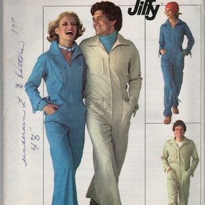 May include: A Simplicity 7619 Jiffy sewing pattern envelope for a jumpsuit in size 10. The cover features illustrations of jumpsuits in blue and light beige, each with a collar, front zipper, long sleeves, and patch pockets on the chest and hips.