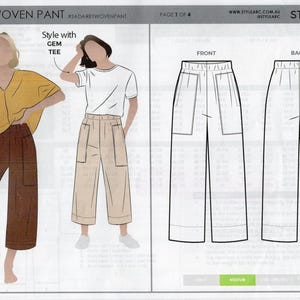 May include: Image of a sewing pattern titled "DARBY WOVEN PANT" with illustrations of the pants and styling suggestions. The pattern includes front and back views of the pants. The pants are shown in brown and beige colors. The text "STYLE ARC" is visible.