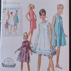 May include: Vintage Simplicity sewing pattern number 7340 for a 1960s style dress. The pattern includes three different dress styles: a sleeveless dress with a ruffled hem, a long-sleeved dress with a floral print, and a sleeveless dress with a solid color. The pattern is for sizes 8-16.