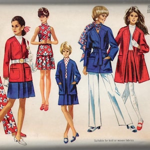 May include: Vintage Simplicity sewing pattern featuring several fashion illustrations. The designs include a red jacket and skirt, a blue jacket and skirt, and floral print pants. The pattern is for size 14, bust 36, and waist 27.
