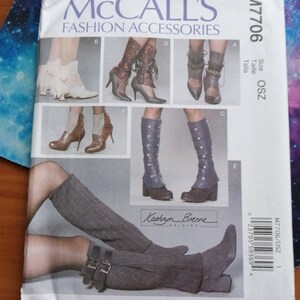 May include: A sewing pattern for fashion accessories, featuring five different boot designs. The pattern is from McCall's and is for size OSZ. The pattern includes instructions for making boots with different styles of embellishments, including buckles, laces, and fringe.