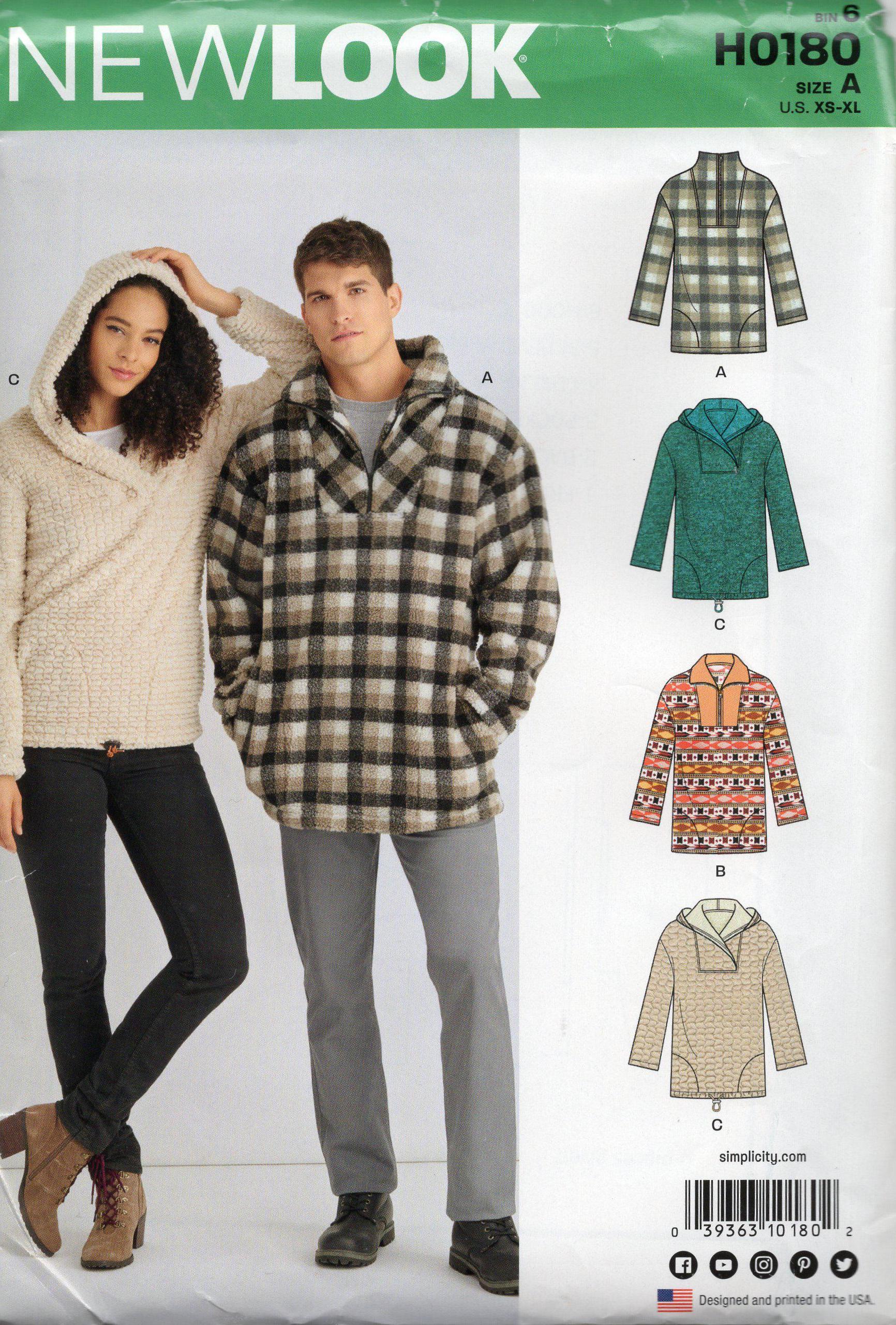 H0180 New Look Hooded Pullover Sewing Pattern Unisex Fleece Hoodie ...