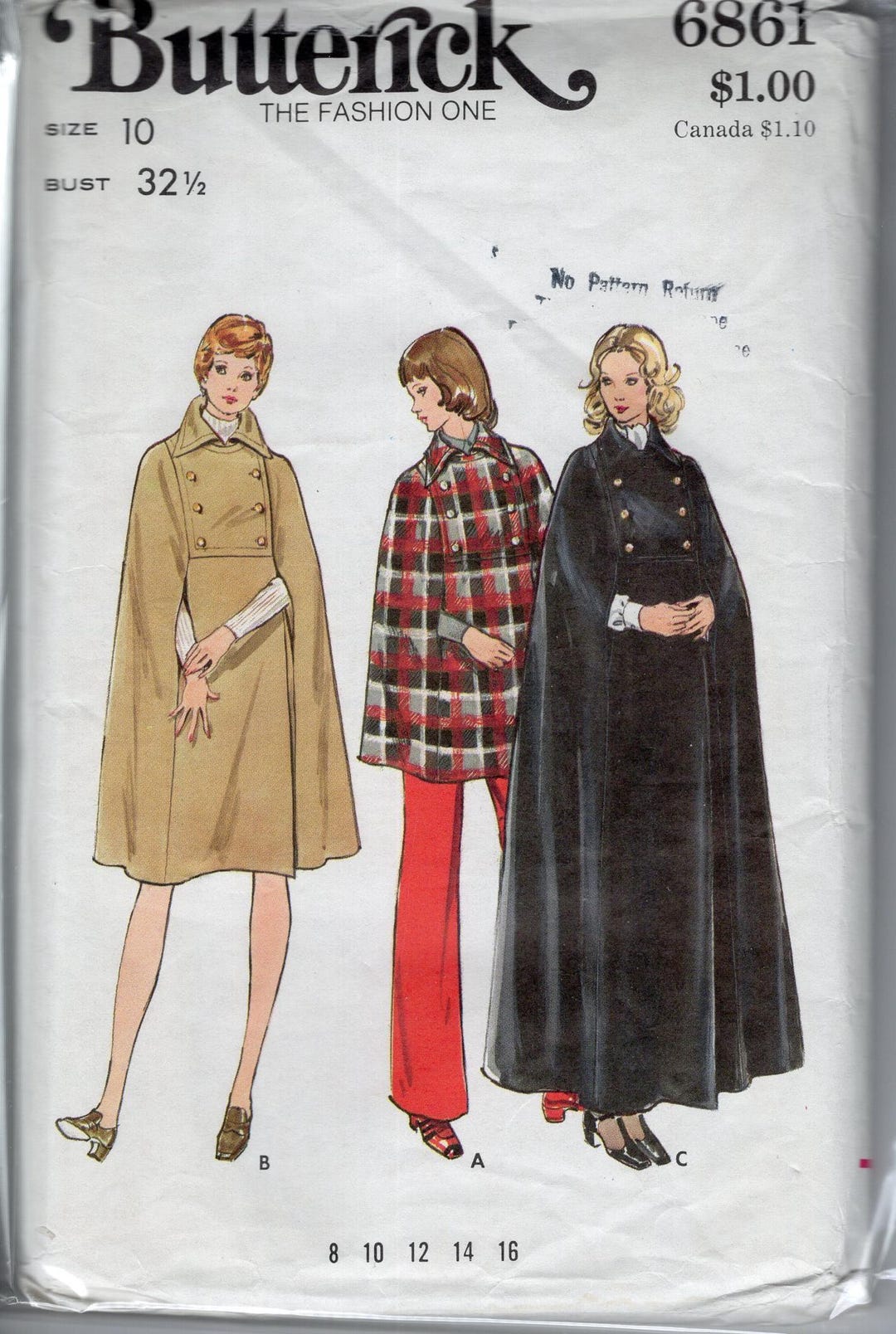 6861 Butterick Misses Cape Pattern Size 10 Bust 32.5 Vintage 1970s ...