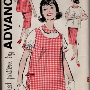 May include: An Advance sewing pattern envelope, number 9268, size 14, featuring illustrations of a red and white gingham sleeveless top with a side bow, a matching skirt, and a white short-sleeved blouse with a collar and red trim details.