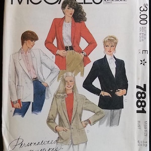 May include: McCall's sewing pattern for a jacket, featuring illustrations of the garment in various colors. The pattern includes the text "Personalized instructions" and "fit as you sew" system. The pattern number is 7881, and the bust size is 34.