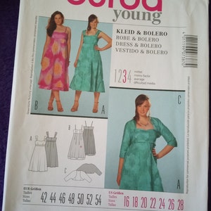 May include: A Burda Young sewing pattern for a dress and bolero. The pattern features illustrations of dresses and a bolero jacket. Includes size charts in US and EUR sizes. The pattern number is 7387.