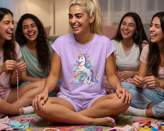 Light Purple Majestic Rainbow Unicorn Pajama Set | Short Sleeve Night Time Sleep Top and Shorts For Girls And Women Comfortable Cute Chic