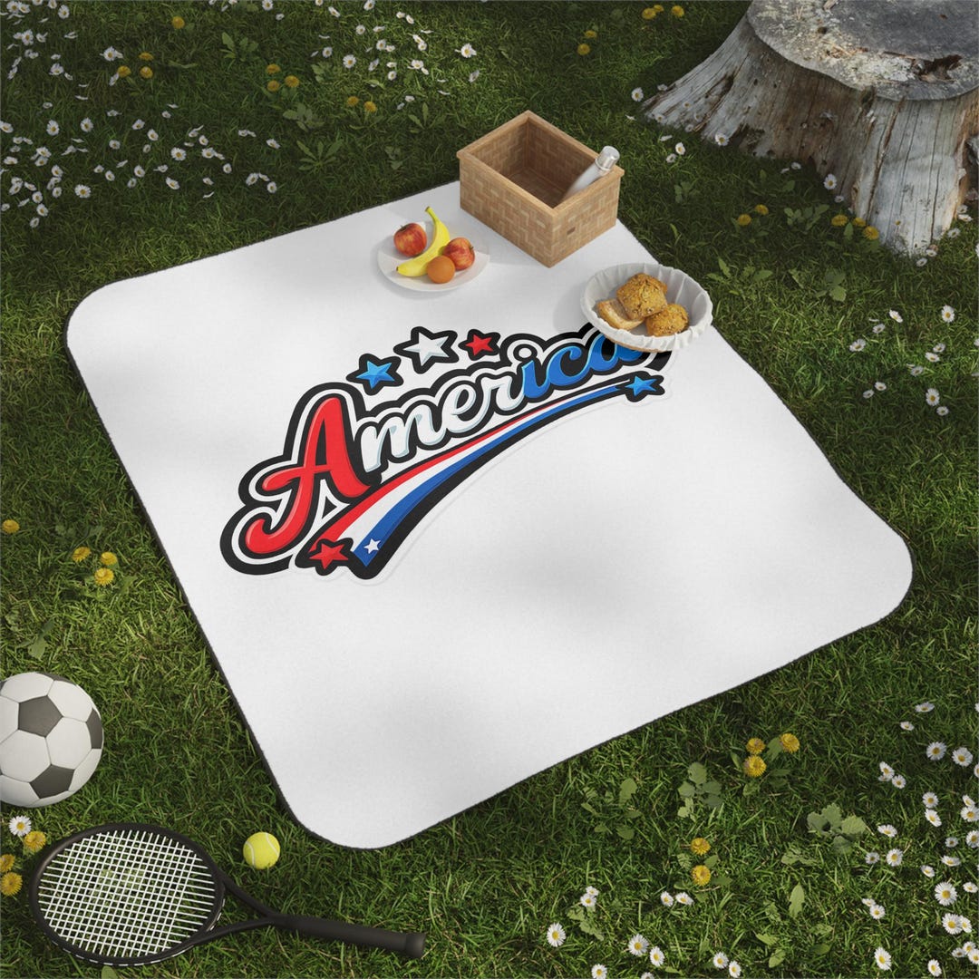 America Script Logo Picnic Blanket | Patriotic Stars Red White Blue ...