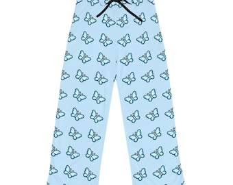 Cute Light Blue Butterfly Pattern Pajama Pants | Light Blue All-Over Print Kawaii Night time Sleep Wear For Women Girls Cozy Comfy Chic