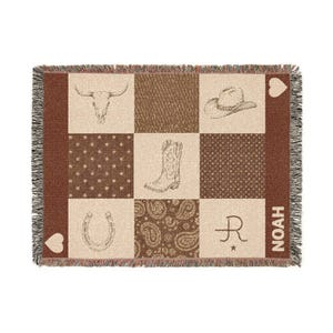 Personalized Western Patchwork Cowboy Hat Boot Horseshoe Embroidered Throw Blanket | Custom Woven Baby Blanket, Heirloom Newborn Name, Soft