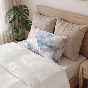 Pastel Cloud Pattern Cotton Pillow Sham, Sunset, Colorful, Stylish, Soft, Cozy, Warm, Nighttime, Bed, Sleepwear, Headrest, Pink, Blue, Cream