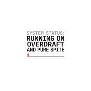 Könnte beinhalten: Ein weißer Aufkleber mit dem Text "SYSTEM STATUS: RUNNING ON OVERDRAFT AND PURE SPITE" in Schwarz und Grau. Am unteren Rand des Aufklebers befindet sich ein teilweise gefüllter roter Fortschrittsbalken.