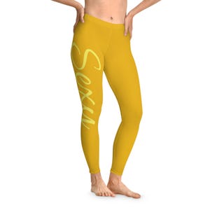 Sunny Script Leggings | Yellow Handwritten Typography all-over print Tights Tight Stretchy Thin Fun Womens Pants