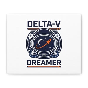 May include: White canvas art featuring a navy blue astronaut helmet design with the text "DELTA-V DREAMER." The helmet graphic includes a crescent moon, stars, and a rocket ship. The words "EXPLORATION" and "ENDURANCE" are also present.