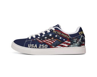 USA 250th Anniversary Sneakers, Statue of Liberty With American Flag Low-Top Leather Footwear | Patriotic Americana Shoes, Red, White, Blue