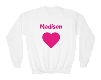Personalized Crewneck Sweatshirt For Toddlers And Children | Custom Hot Pink Heart Name Youth Sweater, Gift For Kids
