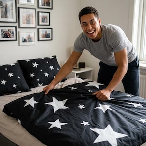 Conjunto de cama de algodão | Edredom, fronhas e capa de edredom preto e branco com estrelas, Noite Estrelada, Decoração para Casa, Cobertor para Quarto, Elegante e Moderno