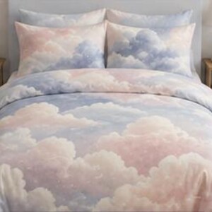Pastel Cloud Pattern Cotton Duvet Cover | Dreamy Sky Bedding, Soft Cloudscape Bed Set, Pink And Blue Comforter With Pillowcases