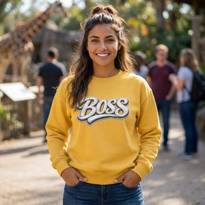 Unisex Boss Script Logo Sweatshirt | Retro Lettering, Streetwear Long Sleeve Pullover Sweater Multiple Colors Leader Owner Manager Supervise