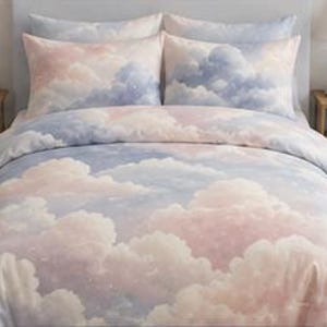 Pastel Cloud Pattern Cotton Duvet Cover | Dreamy Sky Bedding, Soft Cloudscape Bed Set, Pink And Blue Comforter With Pillowcases, Cream, Soft