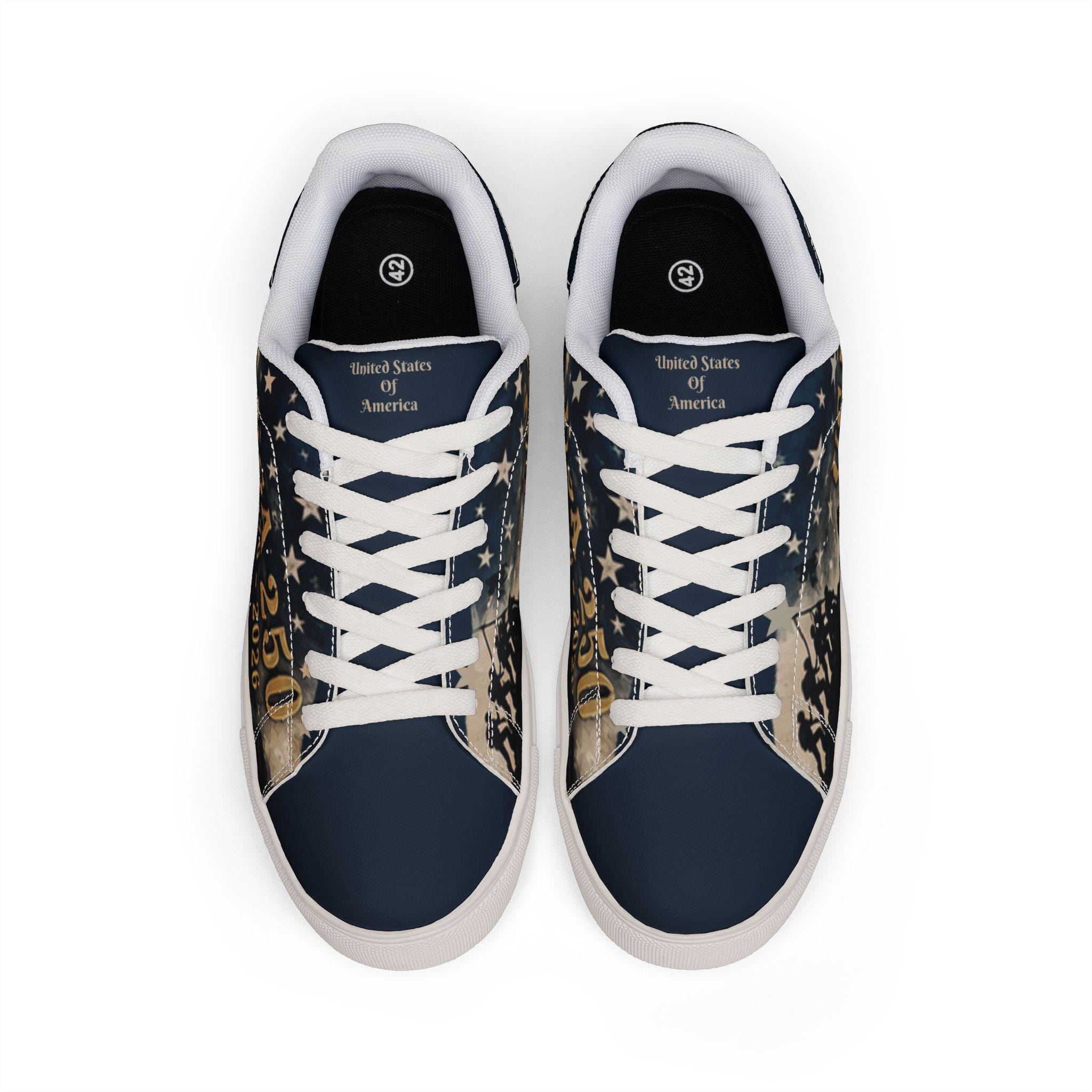 USA 250th Anniversary Sneakers Patriotic Low-Top Leather Footwear, Navy, Cream, Gold, Troops On The Battlefield, 1776-2026, American Pride