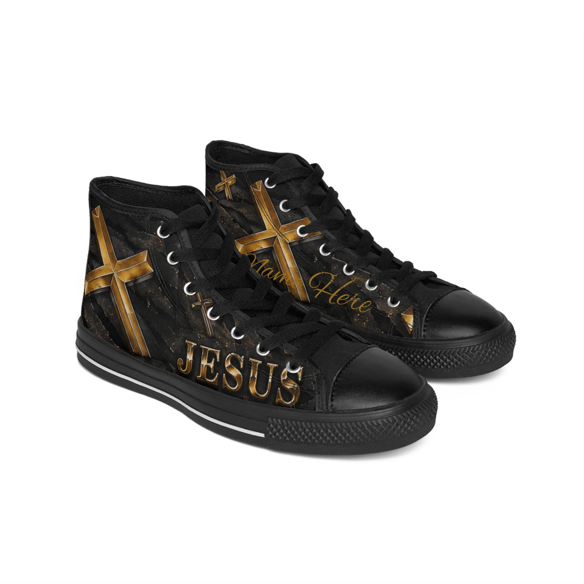 Custom Gold Cross Jesus Christ High Top Sneakers Personalized Christian Faith Shoes, Mighty Warrior That Saves, Savior Of My Life, Holy Go