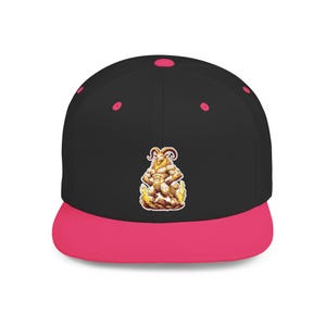 May include: Black and pink flat-brimmed baseball cap featuring a colorful illustration of a muscular goat-like figure. The cap has a black crown, a pink brim, and pink button and eyelets.