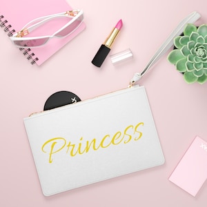 Beamon Creations Personalized Custom Princess script clutch bag, white and gold lettering wristlet
