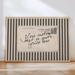 Aangepaste vintage ansichtkaart muurkunst – trendy bruin gestreepte print, quote of songteksten handgeschreven tijdloze poster, bewerkbare digitale download