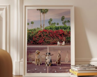 Palm Springs Tennis Dogs Photo Print – Old Money Whimsical Wall Art, Quiet Luxury Country Club Decor for Living Room, Digital Download