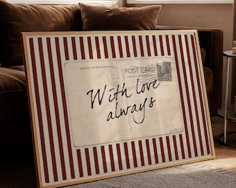 Vintage Postcard Print – Red Striped Romantic Wall Art (Digital Download)