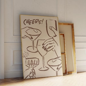 Op de afbeelding: Een bruine en witte illustratie van handen die glazen wijn vasthouden met de tekst "CHEERS!" op een beige canvas.