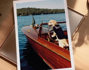 Vintage Dog on Boat Photo Print – Coastal Lake House Decor (Digital Download)
