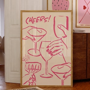 Póster rosa "Cheers!" dibujado a mano, arte mural ecléctico francés para cocina, impresión estética rosa y blanca, decoración de vinoteca en Pinterest, descarga digital